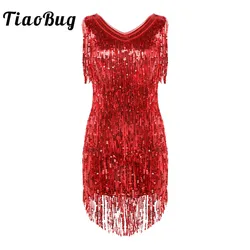 Women Latin Dance Dress Sleeveless Sequin Tassels Fringe Ballroom Samba Tango Cha Cha Stage Competition Rave Party Costume