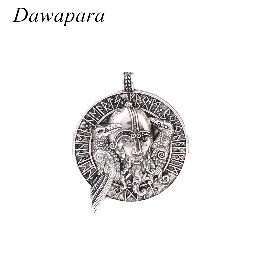 Dawapara Coin Necklaces with Odin\'s Figure and Two Raven Pattern Charms and Pendants Vintage Norse Jewelry for Men