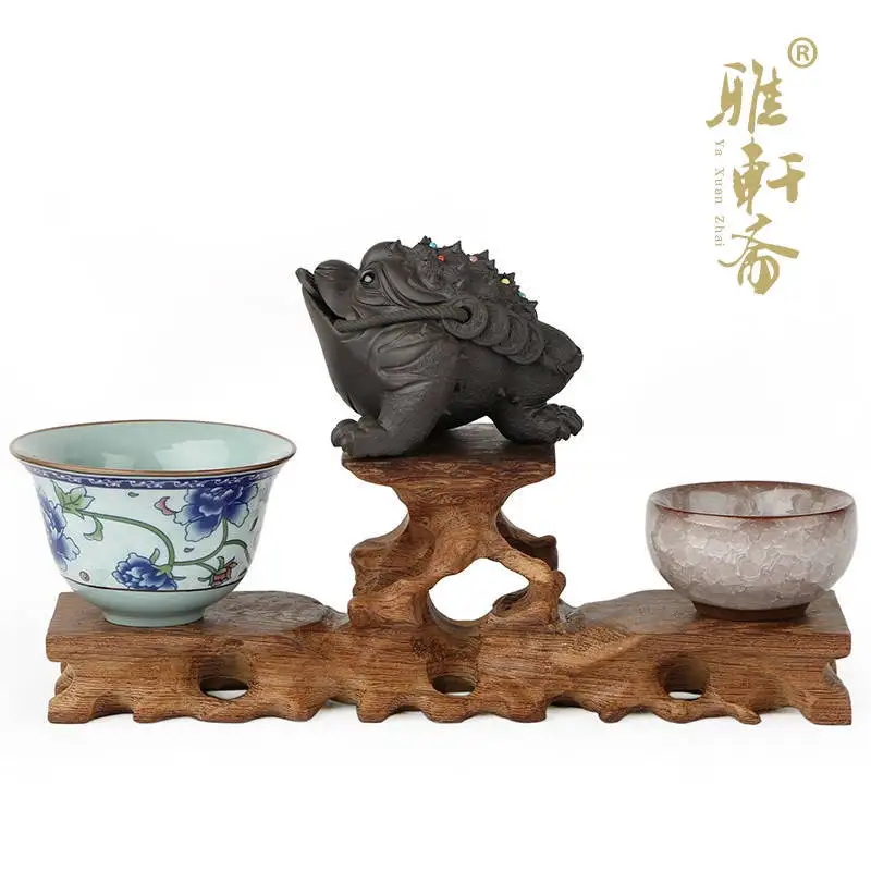 Z jade stone carving rosewood Zhai Gallery base decoration crafts teapot base high and two low.