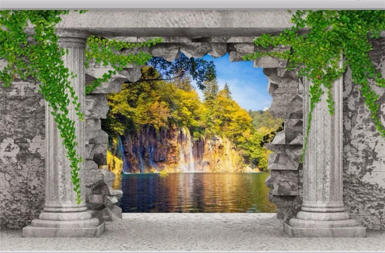 

custom wallpapers Roman column wall hole waterfall landscape 3D living room bedroom TV backdrop papel de parede 3d