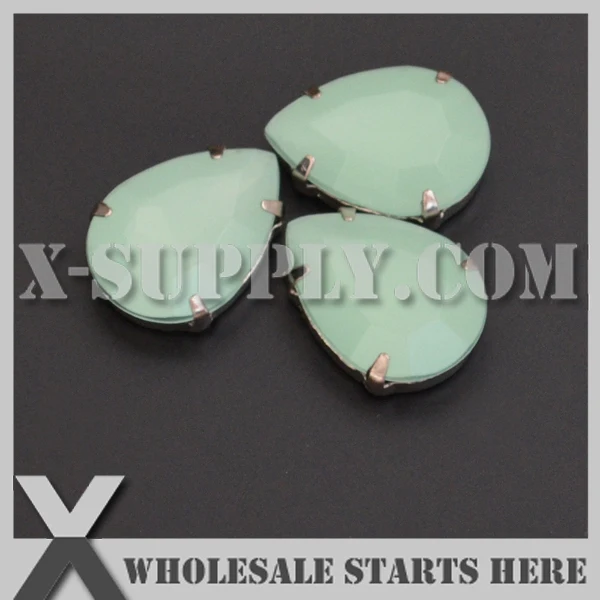 

10x14mm Mounted Tear Drop H30 Mint Green Opal Acrylic Rhinestone Gems in Silver Nickel Sew on Setting for Shoe,Garment