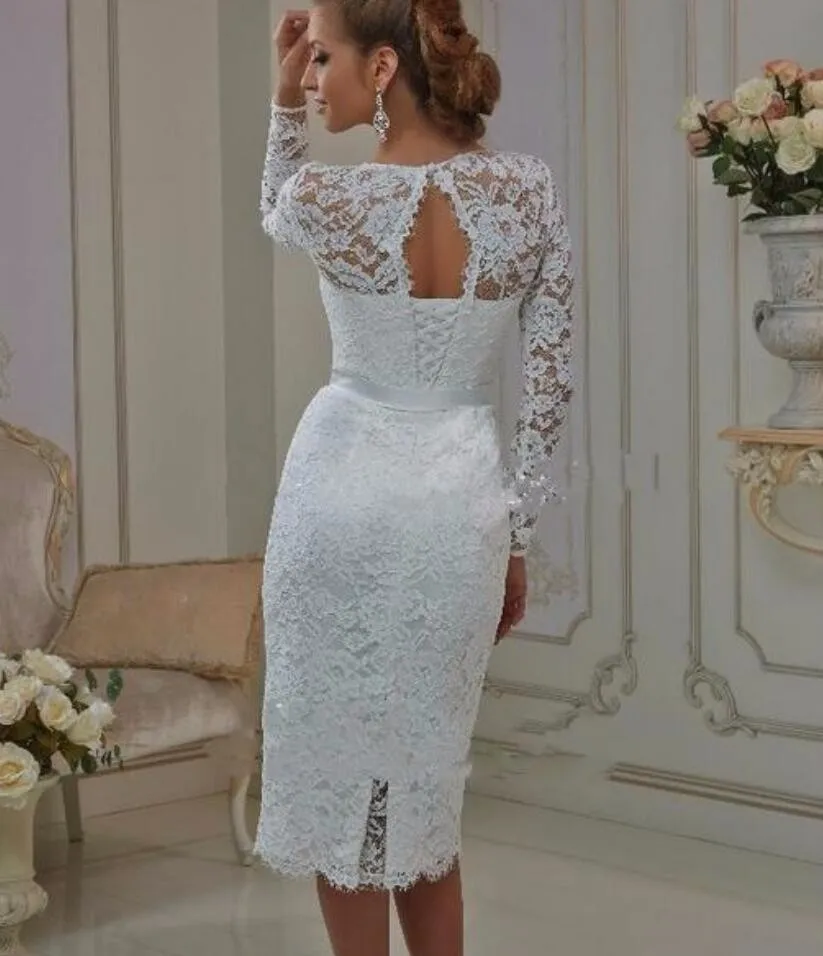 Vintage Lace Tea Length Short Wedding Dresses 2025 With Long Sleeves Sheath Jewel Neck Casual Bridal Gowns robe de mariage