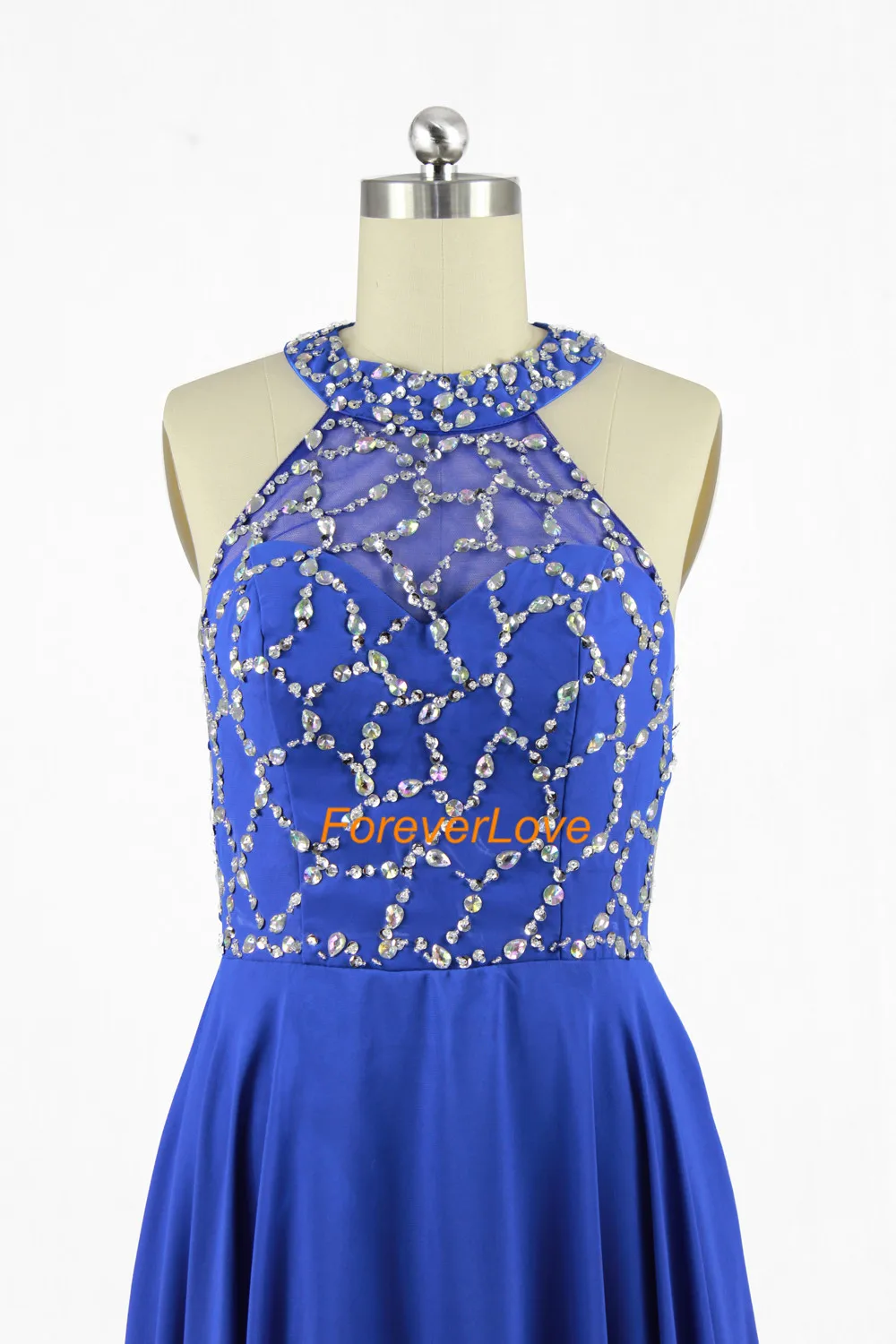 Vestido largo azul de gasa con cuentas de cristal, vestido de fiesta Formal de noche, línea A, hermoso Halter, 2016