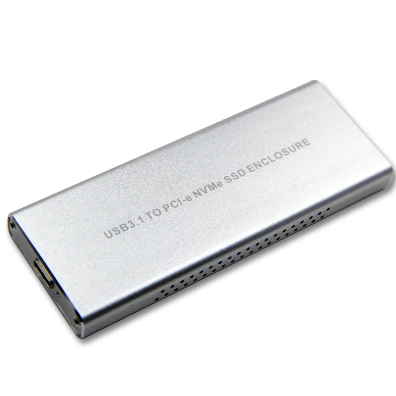 M.2 SSD Silver Aluminum HDD Case USB3.1 to PCIE NVME M2 SSD Enclosure with Type C Cable M.2 NGFF M Key Heatsink Hole HDD Box