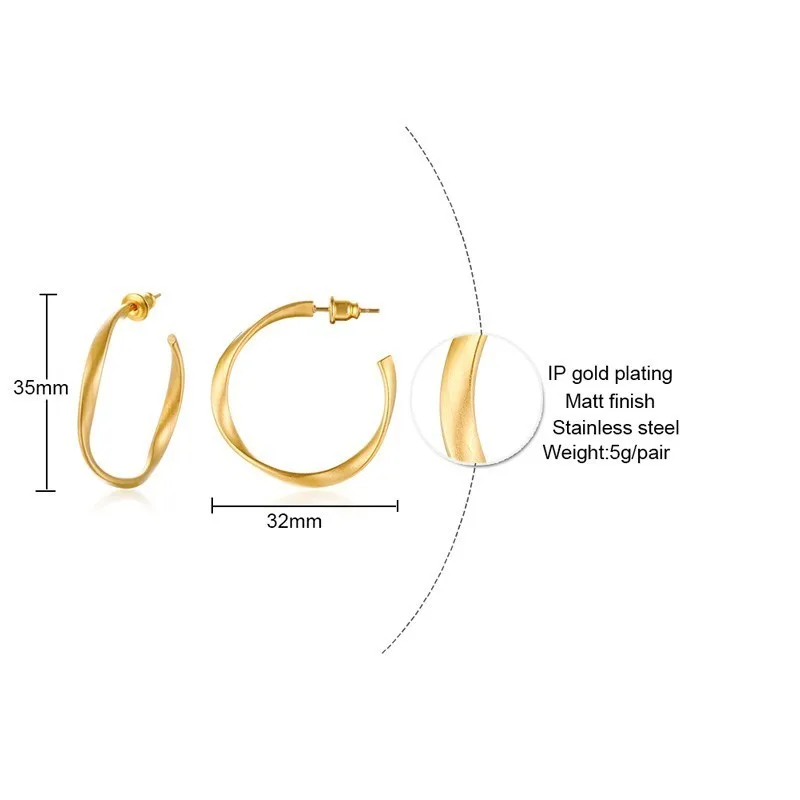 Vnox Twisted Stianless Steel Hoop Earrings for Women Gold Color Matte Surface Female Circle Brincos