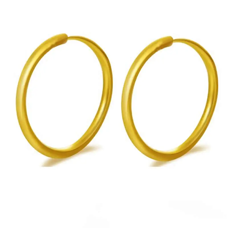 Solid 24K Yellow Gold Earrings Women 999 Gold Smooth Circle Round Hoop Earrings P6286