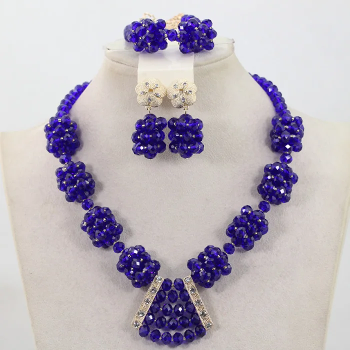 

2017 Handmade African Beaded Balls New Royal Blue Crystal Beaded Pendant Necklace Set Gift Jewelry Set Free ShippingABH284