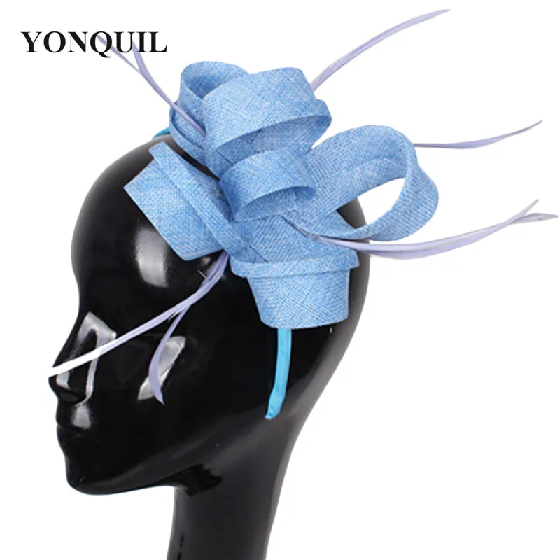 

Imitation Sinamay Fascinator Women Wedding Hair Accessories Feather Hair Top Hat Light Blue Cocktail Hat Party Hats New Arrival