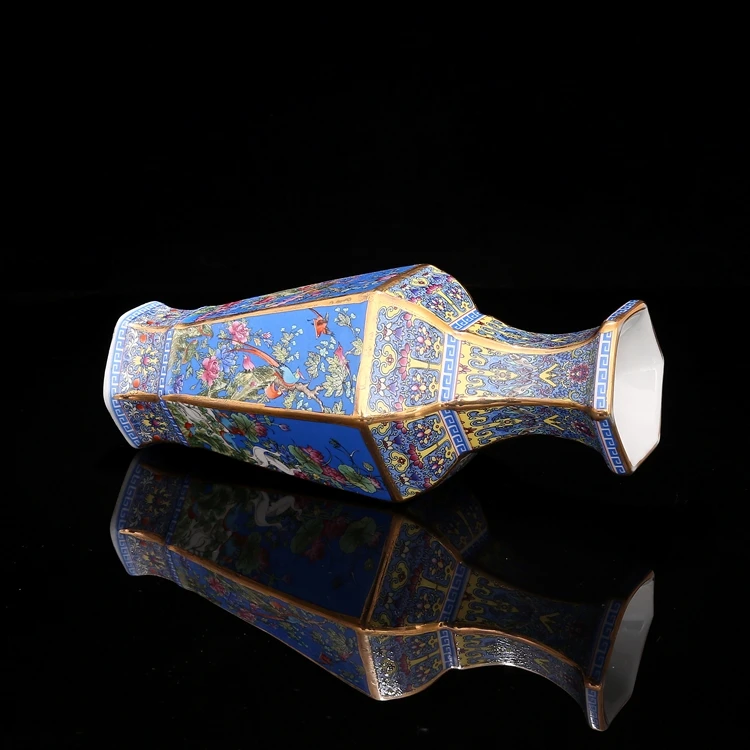 Yong Zheng in the Qing Dynasty blue enamel flower and bird vase hexagonal antique porcelain