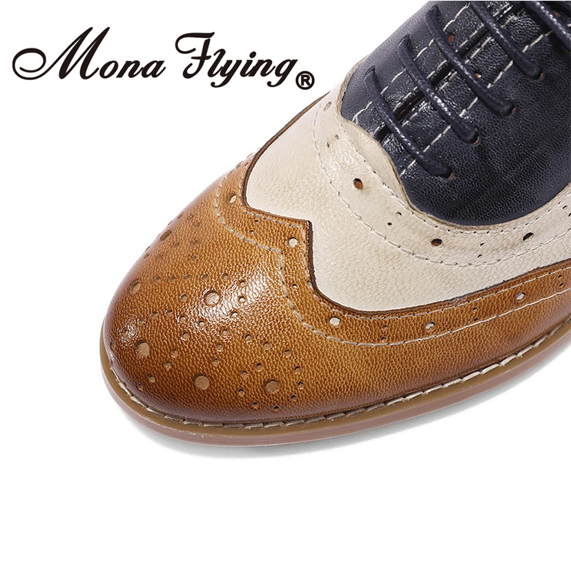 Mona flying Women Leather Wingtip Oxfords sella Brogue perforata colori misti Casual Flats scarpe stringate per donna CS-A068