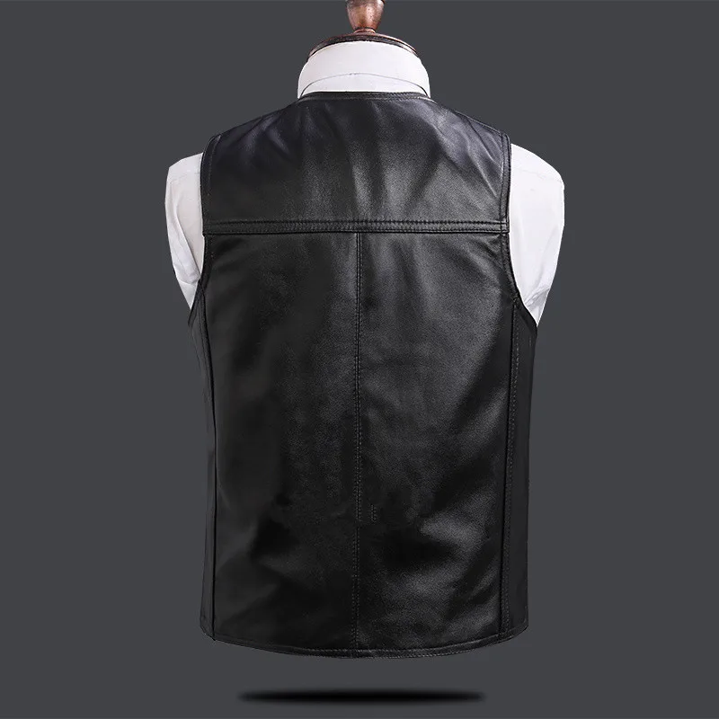 Men\'s Real Sheepskin Motorcycle Jacket, Leather Waistcoats, Large Size, Soft Black Vest, High-end Brand, Free Shipping, 2024