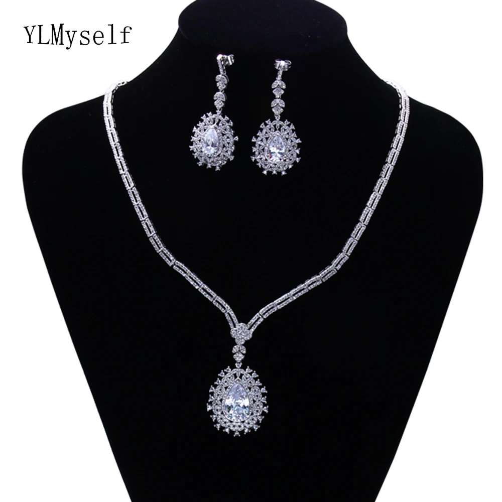 Trendy Necklace Earrings 2pcs jewelry set for party Big water drop CZ crystal fast shipping beautiful excellent jewelry sets