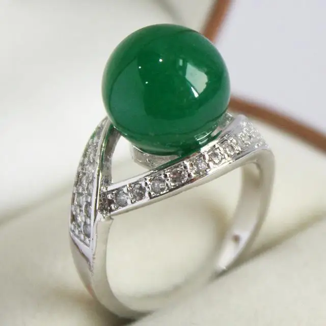 elegant lady's silver plated with crystal decorated &12mm green jade ring(#7 8 9 10)