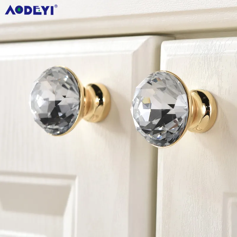 Luxury Gold Czech Crystal  Round Cabinet Door Knobs and Handles Furnitures Cupboard Wardrobe Drawer Pull Handle