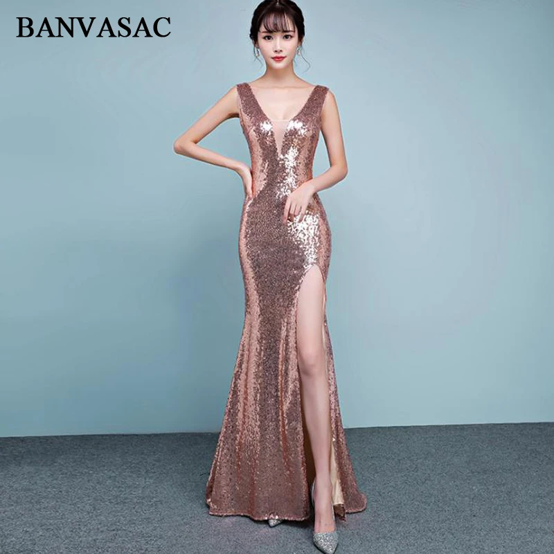 

BANVASAC 2018 Sexy V Neck Sequined Split Mermaid Long Evening Dresses Elegant Party Rose Gold Backless Prom Gowns