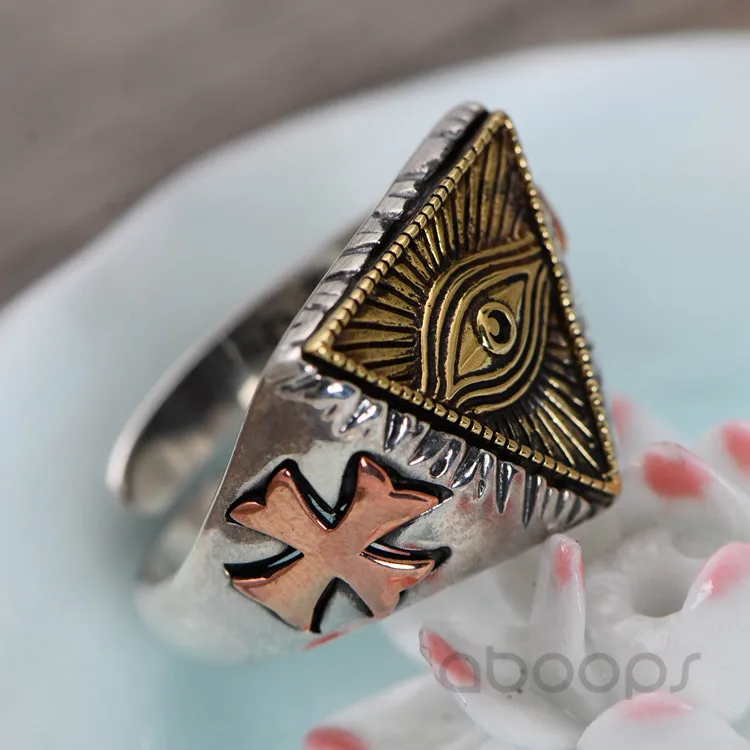 Tricolor 925 Sterling Silver Freemason Masonic Ring with Cross for Men Women,All Seeing Eye,Adjustable Size 8.5-11,Free Shipping