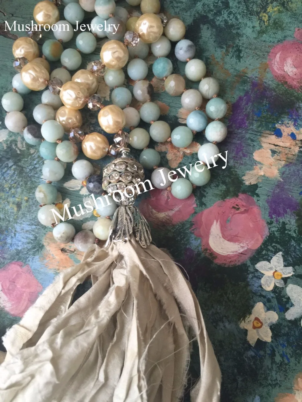 

Amazonite Sari Silk Tassel Necklace Shabby Boho Knot Stone Beads Necklace