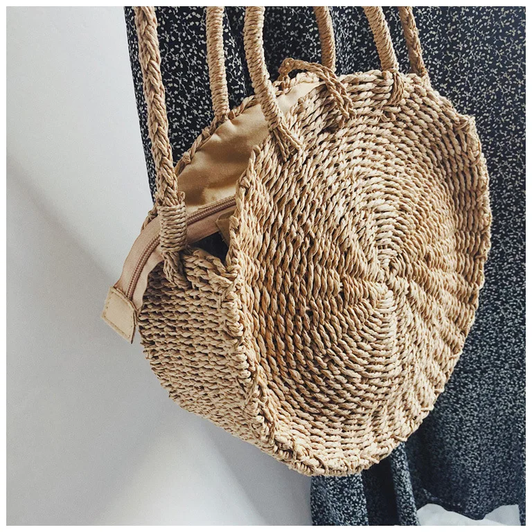 2018 Moroccan Palm Basket Bag Women Hand Woven Round Straw Bags Natural Oval Beach Bag Big Tote Circle Handbag