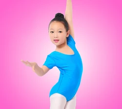 Girls Ballet Bodysuit Children Blue White Dance Leotard Short Sleeved Gymnastics Wear