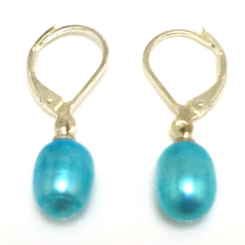 Wholesale 7-8mm Baby Teal Blue Natural Rainrdrop Freshwater Cultured Pearl Silver Leverback Earring