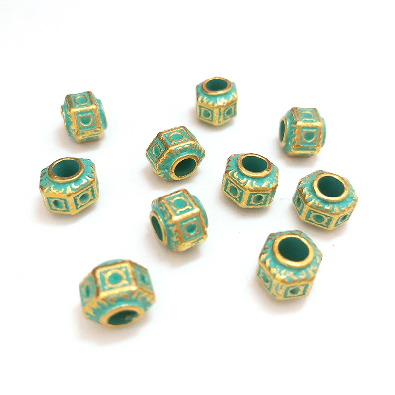 New 10pieces 10mm Retro Zinc Alloy Green Round Big Hole Polygon Interval Beads for DIY Bracelet Jewelry Accessories