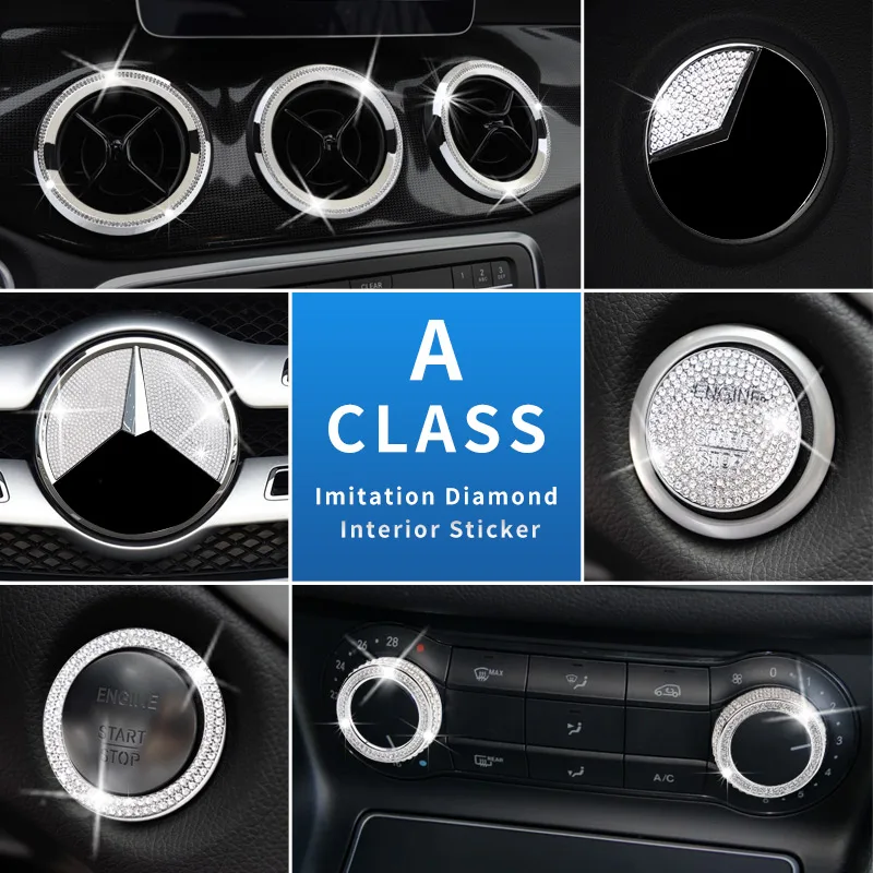 

For Mercedes Benz A Class Gla220 Imitation Diamond Interior Steering Wheel Button Engine Strat Hood Grill Emblem Sticker Decal