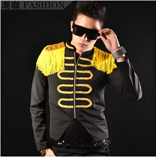 Hot !! Men's Fashion New Stage Singer Black And White With Epaulet Royal Top - Epaulette Clothing Costume Jacket Coat / M-xl