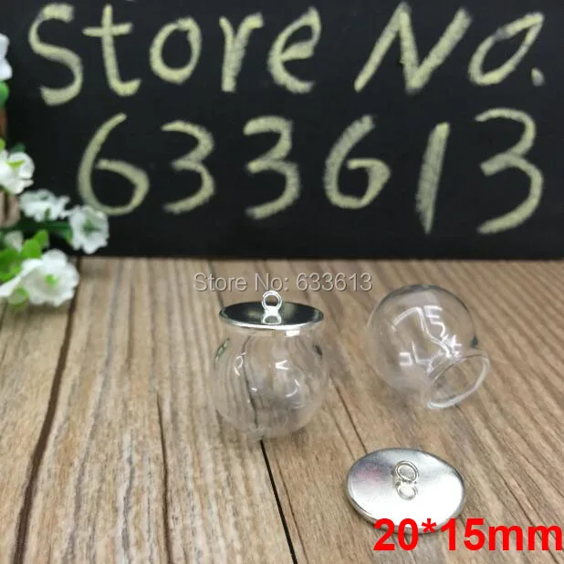 

Free ship! 100sets/lot silver color 20*15mm clear glass globe & 16mm base set glass globes set glass vial pendant glass cover