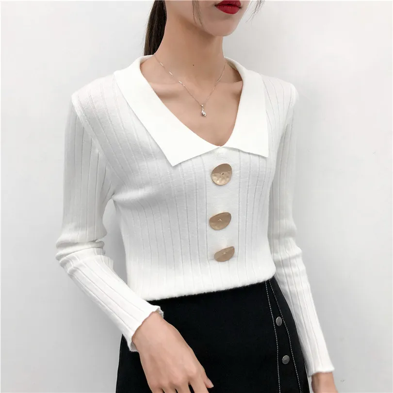 Fall Winter Women Knitting Full Sleeve Buttons Sweaters Pullovers Girls Knitted Tops Knitwear Clothing Woman