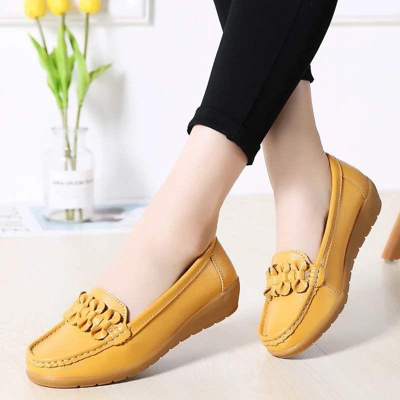 WOIZGIC Women Ladies Female Mother Genuine Leather Shoes Flats Loafers Slip On Breathable Soft Bow Plus Size 41 42 JTS-169