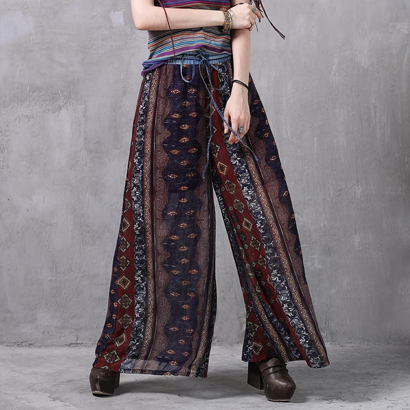 Wide Leg Pants 2017 Yuzi.may Boho New Chiffon Pant Women Floral Print Elastic Waist Calca Feminina X2206 Trousers Women