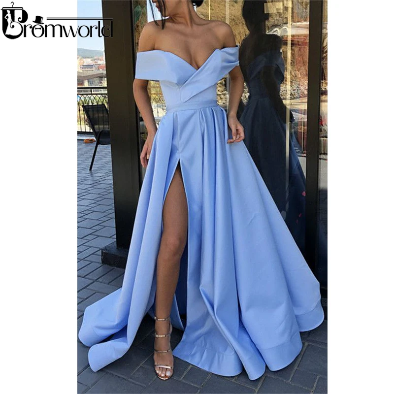 Rode Prom Dresses 2020 Off De Schouder Hoge Split Lange Prom Gown Met Zakken Vestidos De Fiesta Largos Elegantes De gala