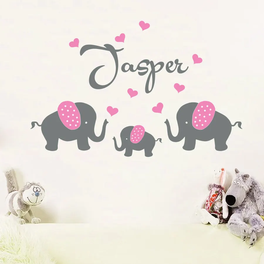 Personalised Custom Name 3 Elephants with Hearts Wall Stickes For Kids Room Baby Wall Decals Nursery Wall Art Home Decor D959