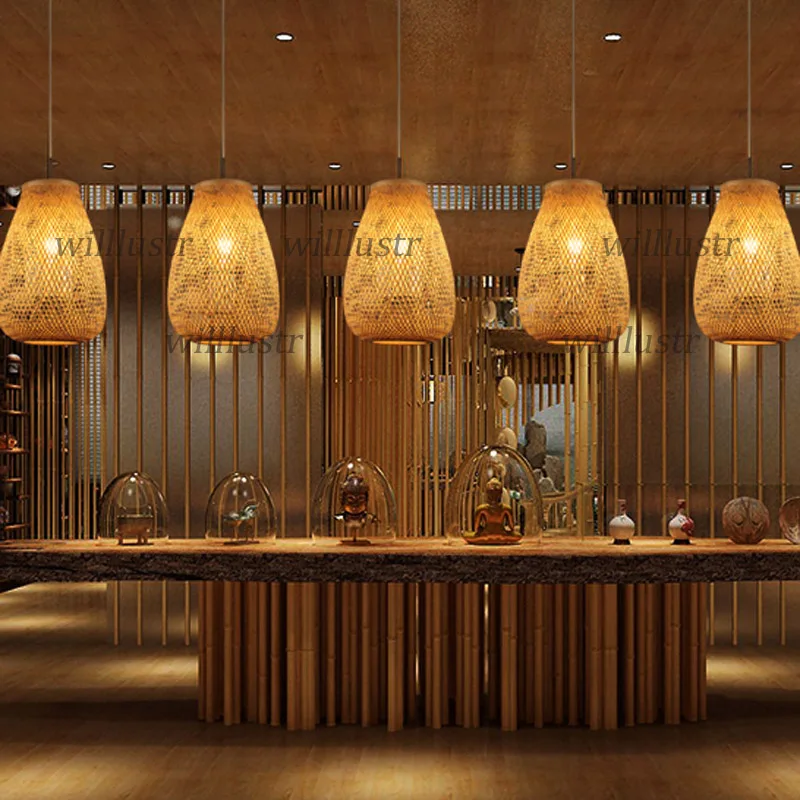 Hand Knitting Bamboo Weaving Pendant Lamp Chinese Zen Suspension Light Hotel Restaurant Bedroom Handmade Wood Hanging Lighting