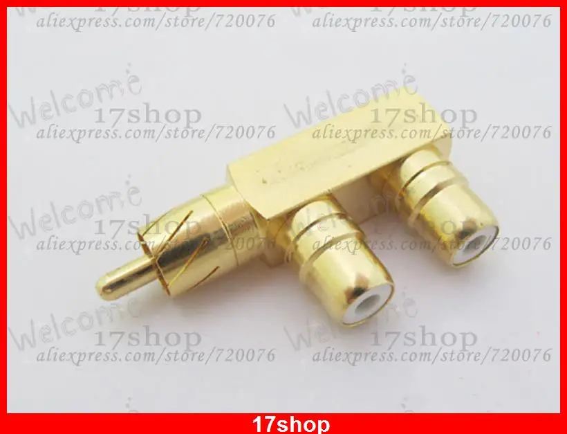 

10pcs x Gold RCA Male Plug To Dual 2 RCA Female Jack Right Angle F Adapter Connector