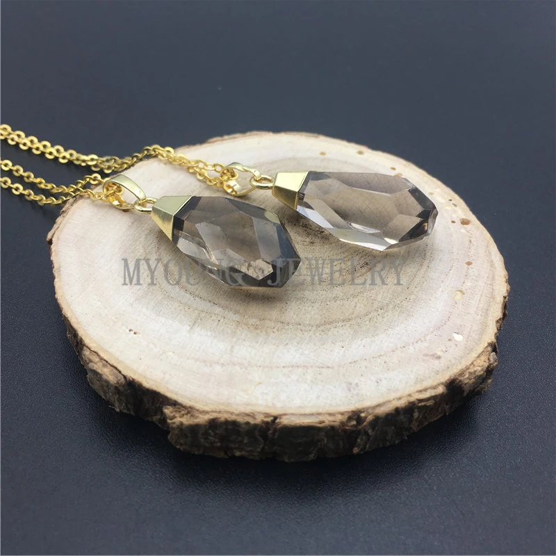 MY0935 Faceted Smoky Quartzs Point Nail Pendant Necklace,Petite Gem Stone Citrines Bullet Gold Color Necklace