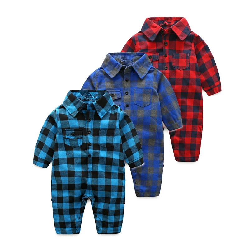 Plaid bebes clothes baby clothes long sleeve lapel baby romper newborn cotton baby costume baby boys newborn clothes