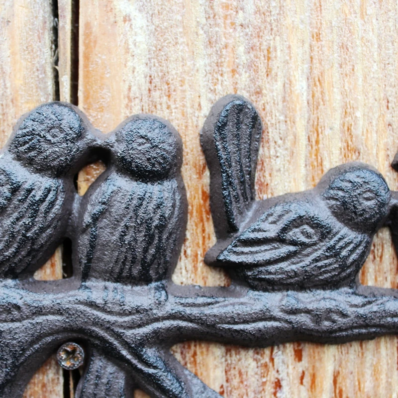 European Farm House Accents Handmade Antique Black Six Birds On Branch Cast Iron Wall Mounted Hook With Four Hangers Garden Item