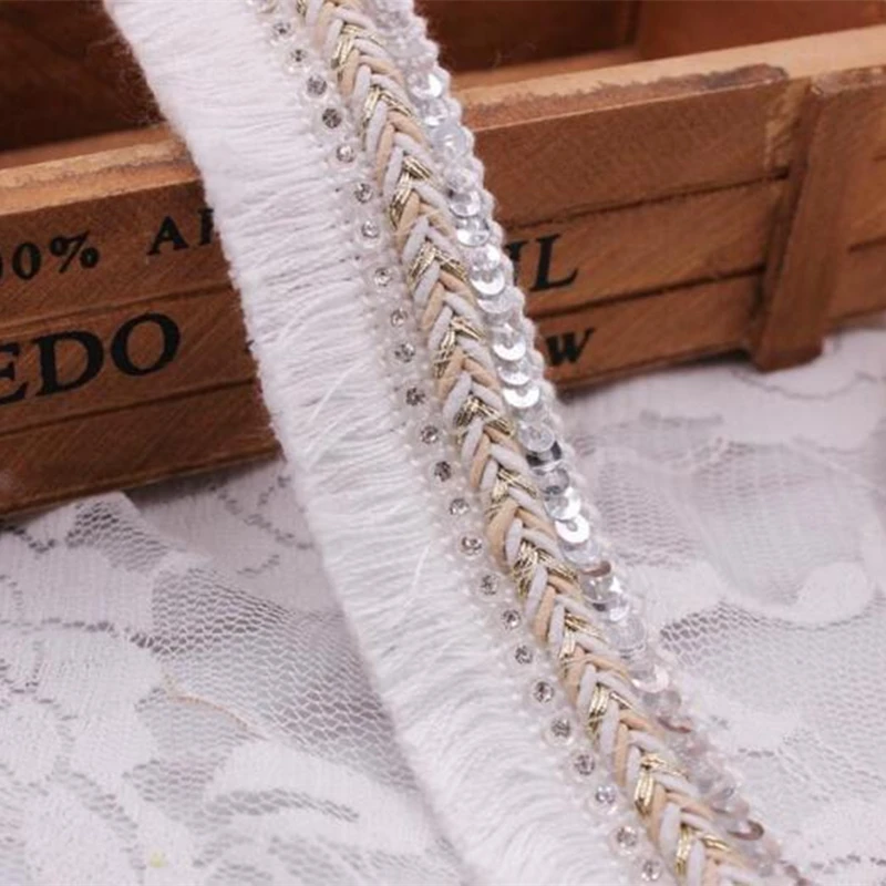 3cm width Sewing Decoration Cotton Fringe Tassel Trim Thin Lace cord braided sequin rhinestone ribbon