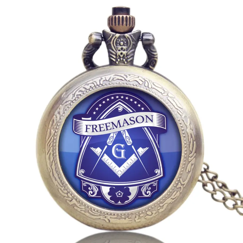 Masonic Freemasonry Square and Compass Mason Badge Quartz Pocket Watch with Necklace Pendant Souvenir Symbol Gifts for Freemason