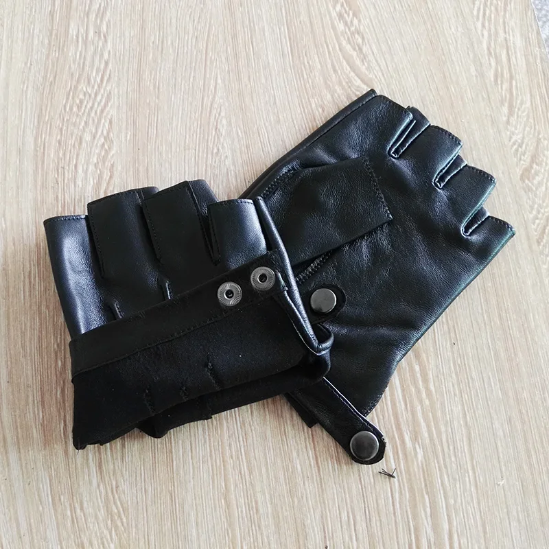 Guantes de piel de oveja de medio dedo para hombre y mujer, guante de conducción de muñeca, sólido, Unisex, mitones sin dedos, Y-02-5 de cuero