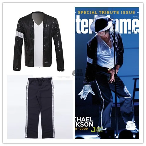 Michael Jackson Cosplay Costume Billie Jean Suits Sequin Kids Adults MJ Jacket+Pants Show Black Color