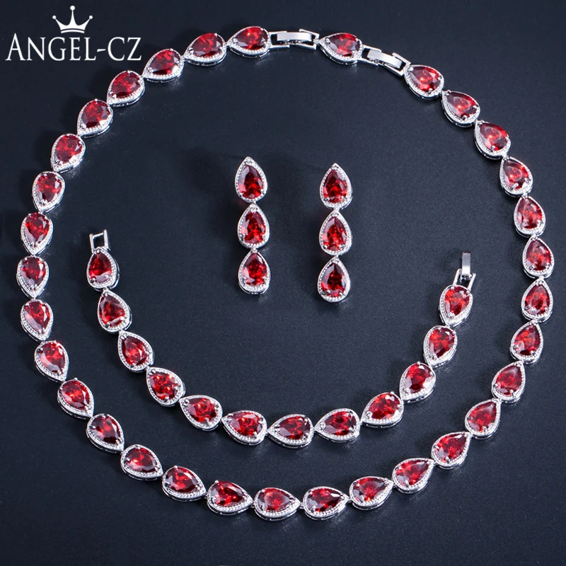 

ANGELCZ Brand Choker Inlay Shining Red Crystal White Gold Color Ladies Necklace Sets For Beautiful Girls Prom Jewelry Set AJ055