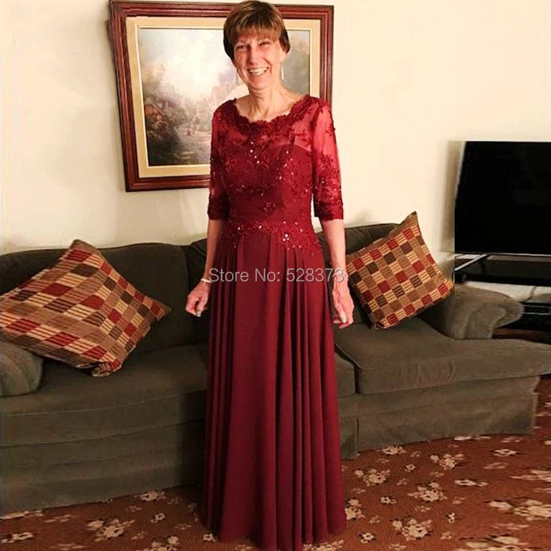 YNQNFS MD54 Elegant Wine Red Chiffon Wedding Party Dress Mother of the Bride/Groom Dresses Outfits With 1/2 Sleeves