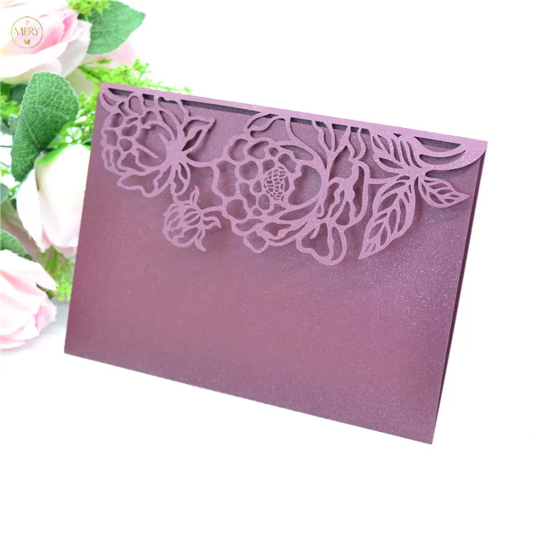 

Tri fold laser cut wine red pearl paper wedding pocket invitations