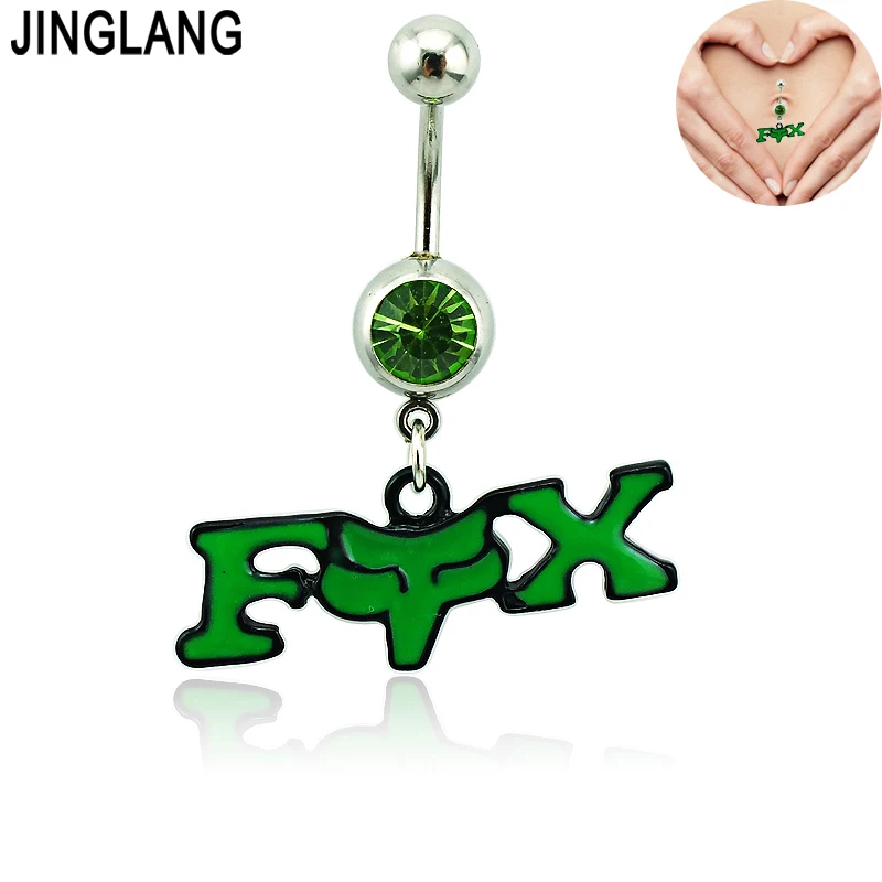 JINGLANG Body Jewelry Fashion Belly Button Rings Surgical Steel Barbells Dangle Green Enamel Letter Navel Piercing Jewelry