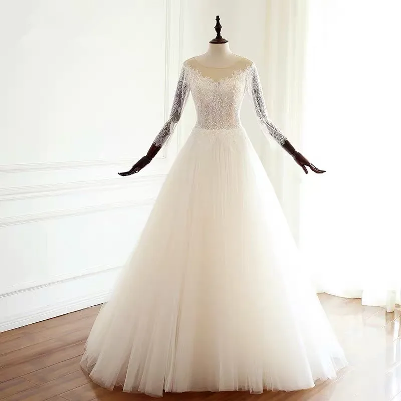 Custom Made A-line Long Sleeve Tulle Lace Sequins Beaded Elegant Simple Wedding Dresses Wedding Gown 2021 Real Photo WH18