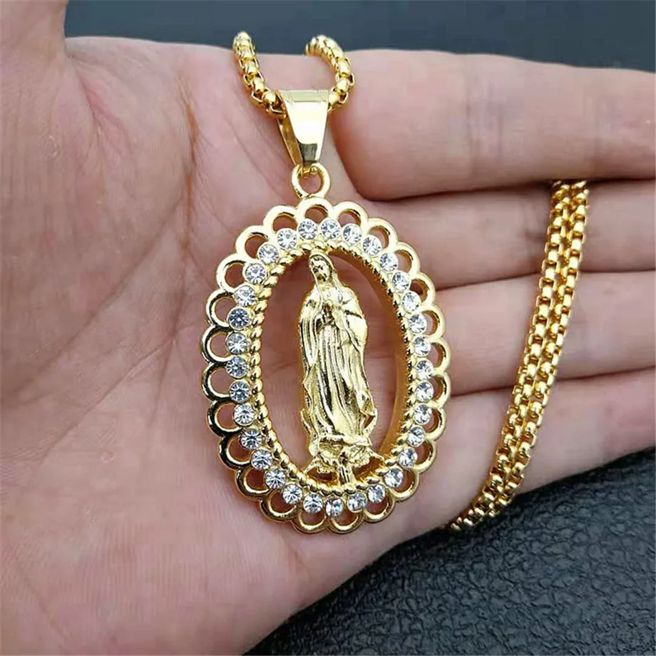 Stainless Steel Virgin Mary Gold Necklaces Pendants For Women 2020 Gold Color Madonna Necklace Religious Christian Jewelry