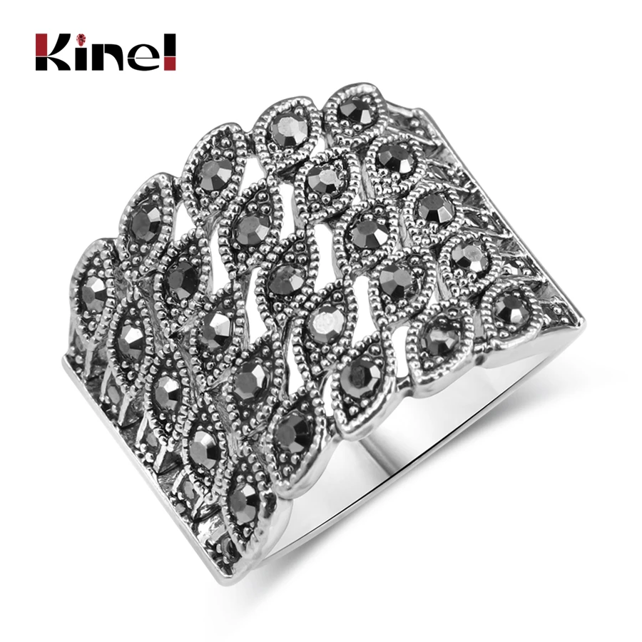 Kinel Hot Bright Black Crystal Ring For Women Fashion Antique Silver Color Charm Little Eye Punk Rings Vintage Jewelry 2018 New