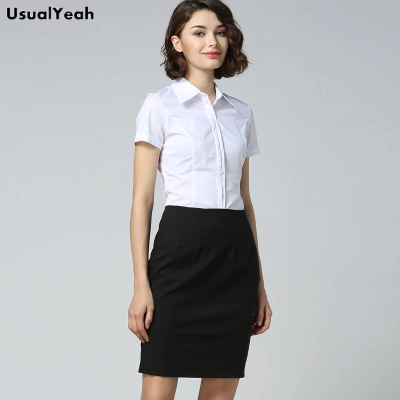 UsualYeah New Office Lady Women Body Shirt Short Sleeve Summer Blouse Solid White Button Turn-down Collar Blusas S - XXL XXXL